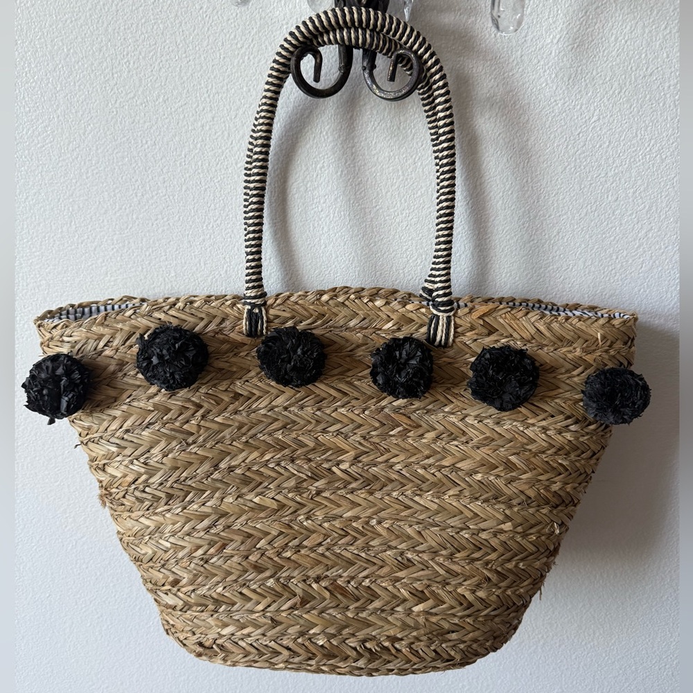Mimi Premiun Insulated Tan and Black Woven Tote Bag With Pom Pom’s NWT